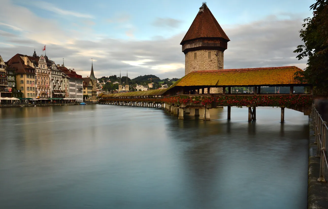 Photo wallpaper home, Switzerland, Lucerne, the the Chapel bridge, tower Wasserturm