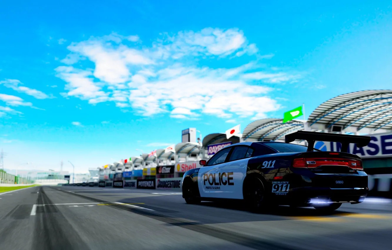 Photo wallpaper road, machine, the sky, clouds, nature, race, Dodge, police