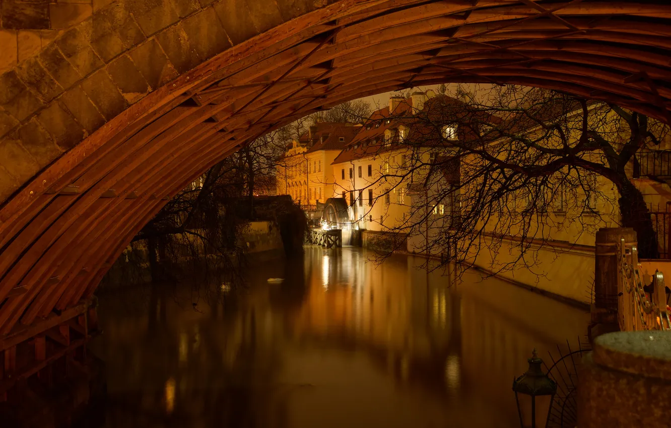 Photo wallpaper night, bridge, lights, river, home, wheel, arch, water mill