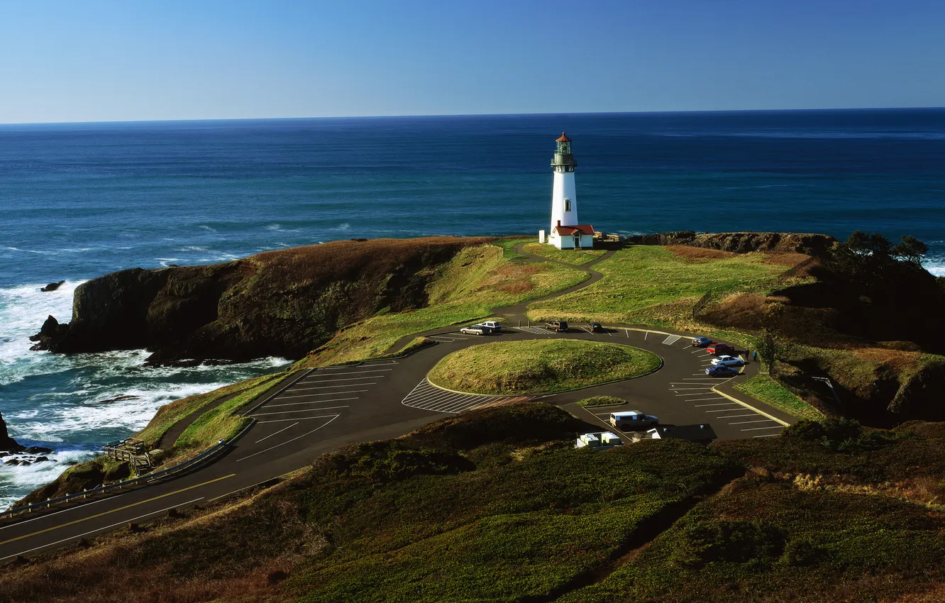 Photo wallpaper road, sea, shore, lighthouse, Oregon, panorama, North America