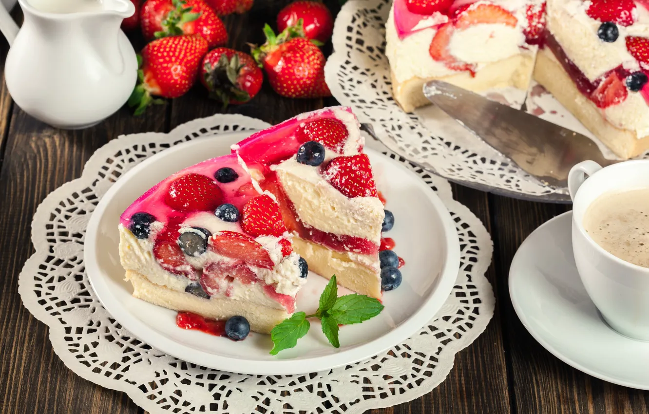 Photo wallpaper berries, coffee, strawberry, dessert, cheesecake