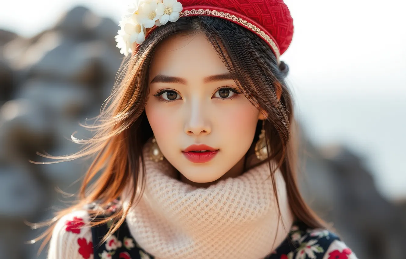 Photo wallpaper look, girl, face, portrait, makeup, Asian, AI art, nyeroset