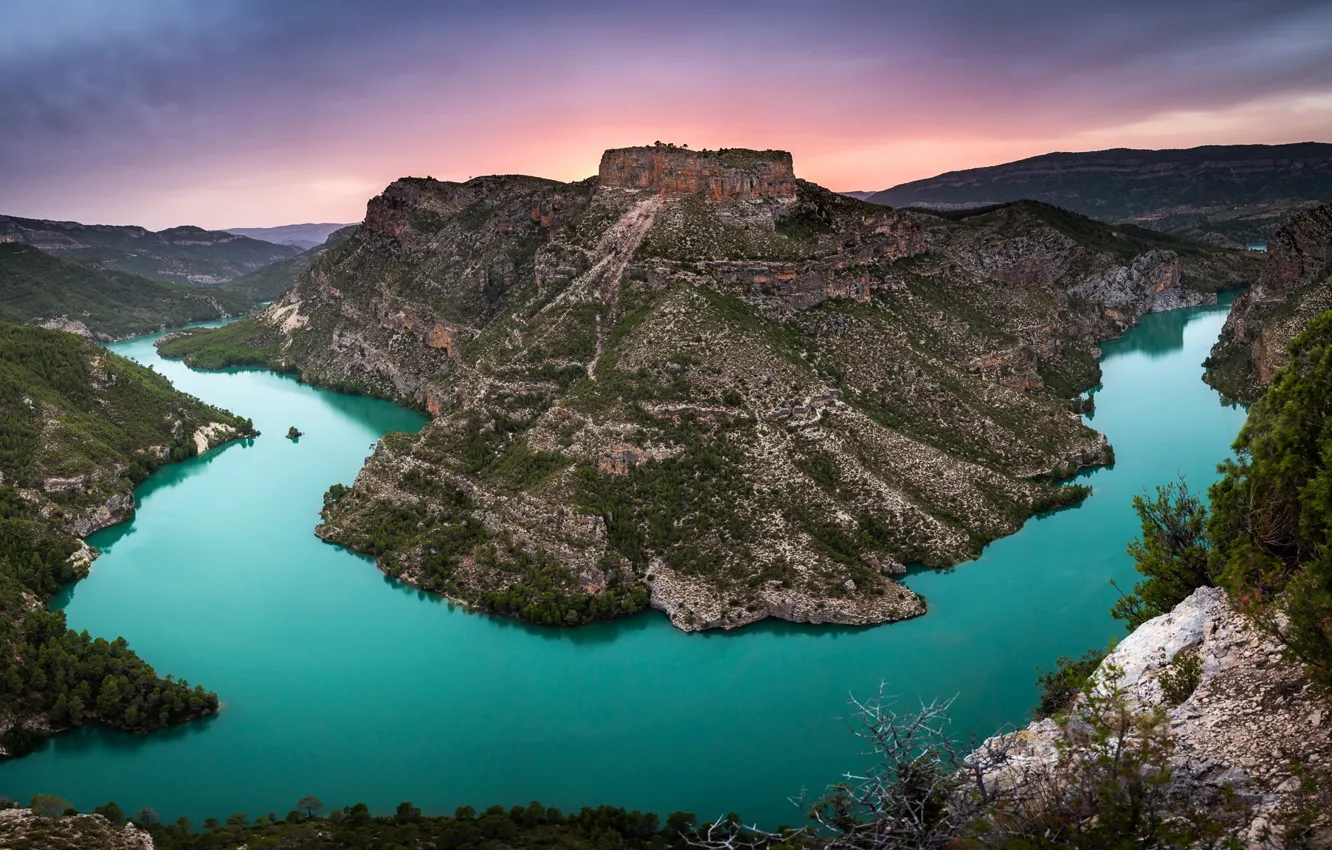 Photo wallpaper mountains, river, castle