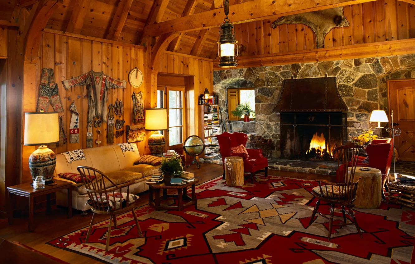 Photo wallpaper interior, fireplace, wigwam