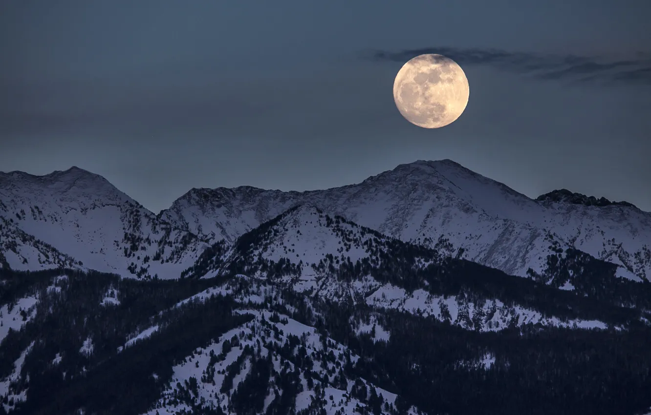 Photo wallpaper moon, moonrise, cloud, winter, mountains, snow