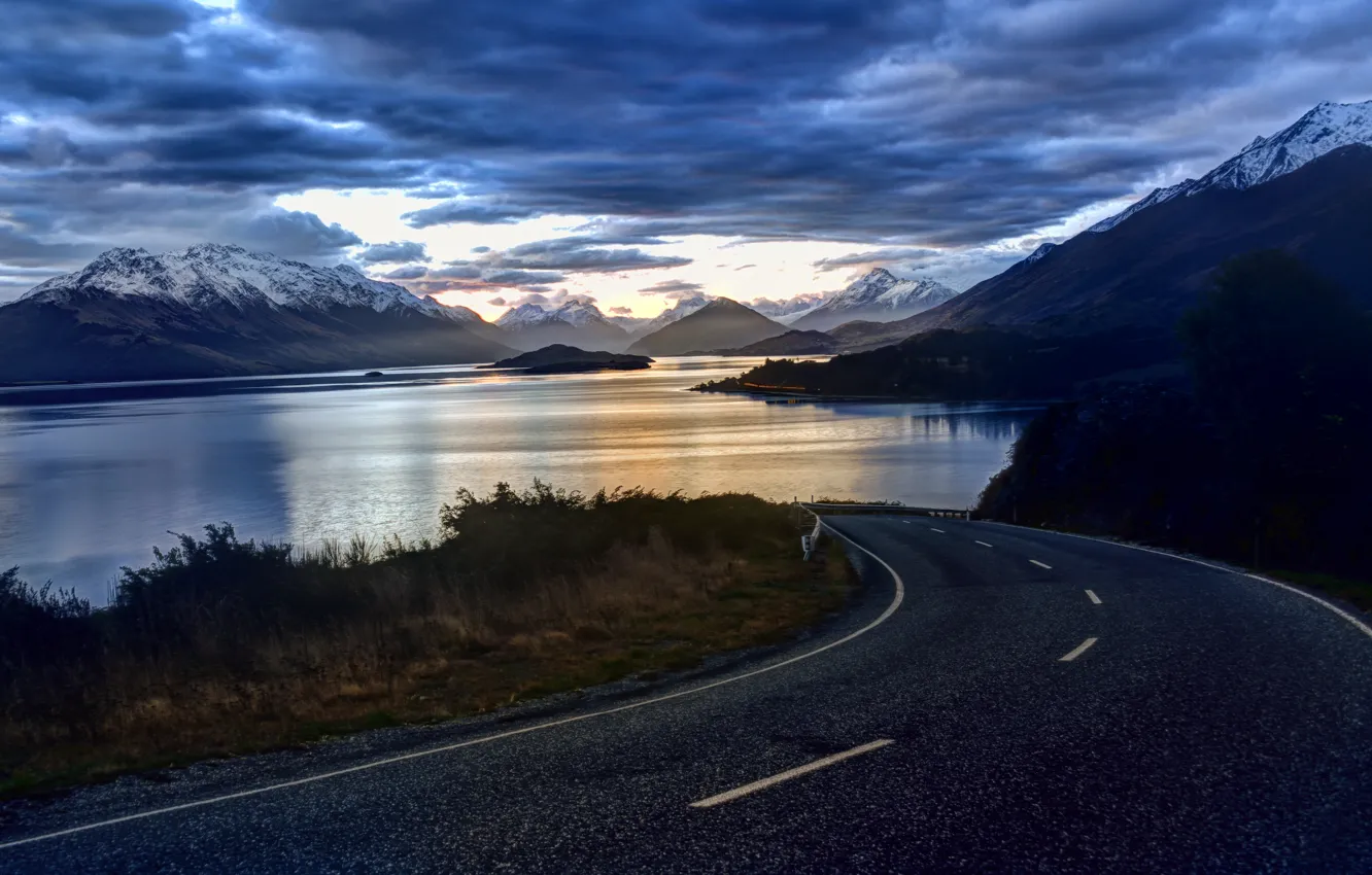 Photo wallpaper the sky, clouds, landscape, mountains, nature, lake, road, sky
