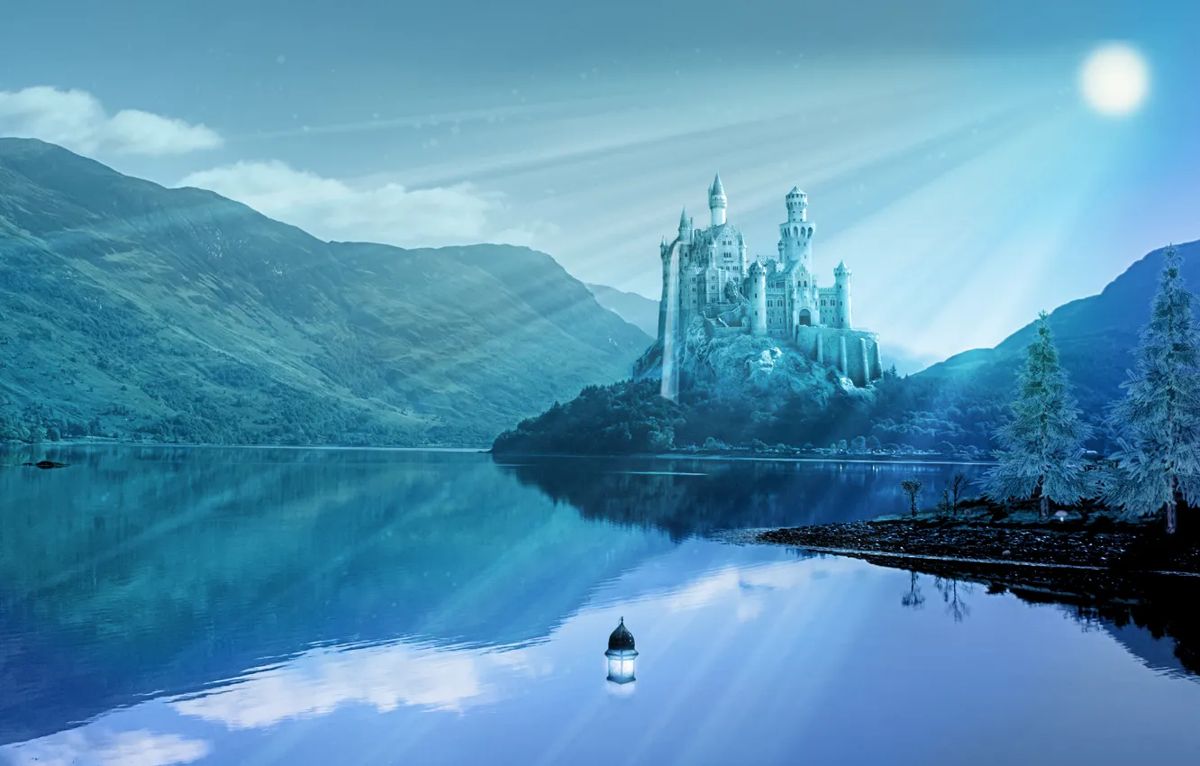 Photo wallpaper water, rays, landscape, mountains, reflection, river, castle, lantern