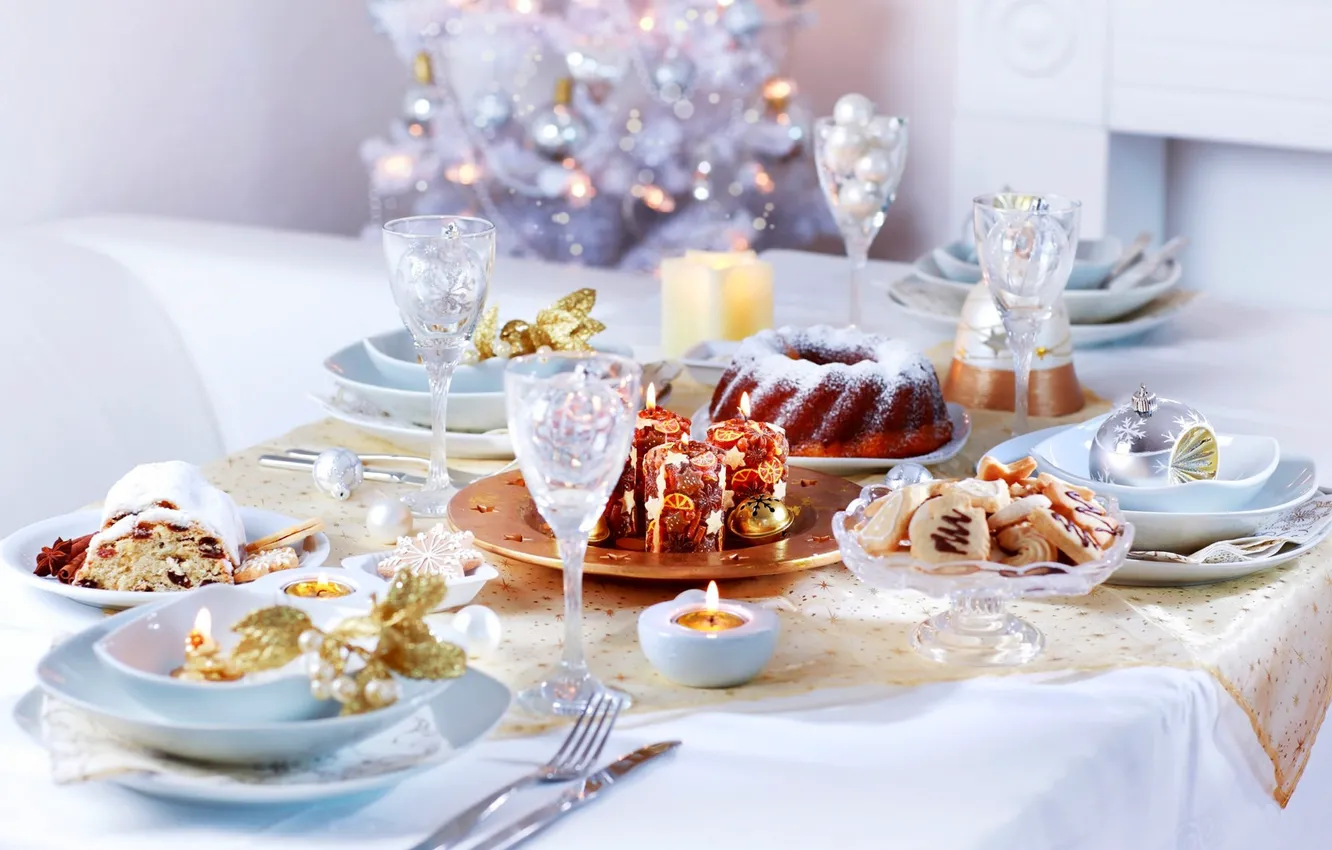 Photo wallpaper decoration, holiday, candles, cookies, Christmas, Cup, cake, New year
