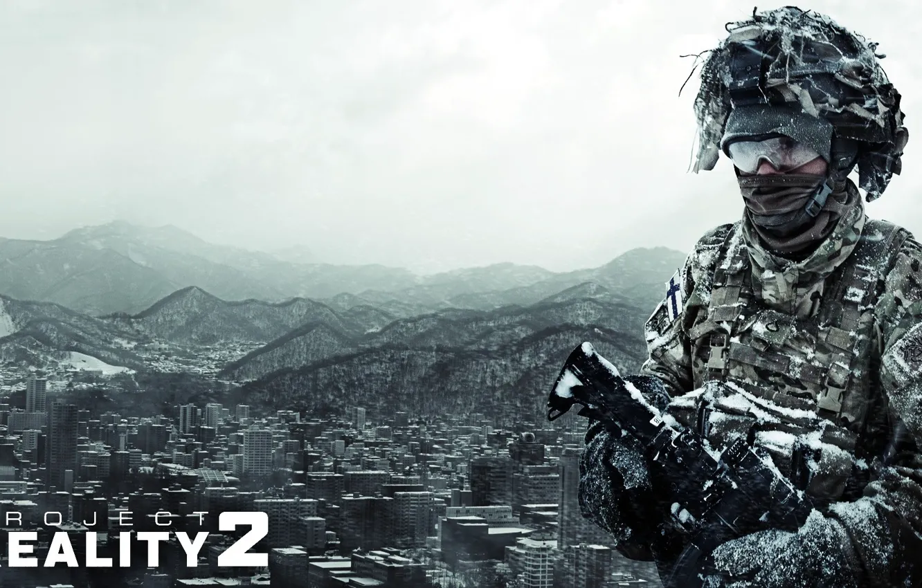 Photo wallpaper gun, Blizzard, soldier, weapon, snow, man, rifle, reality