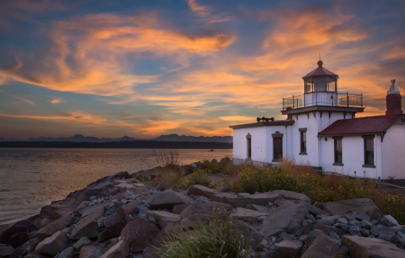 Photo wallpaper landscape, sunset, stones, lighthouse, Seattle, USA, harbour, Discovery Park