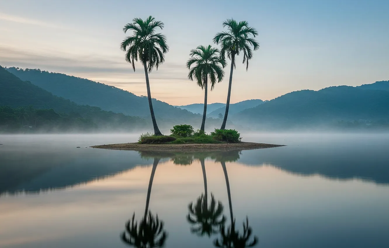 Photo wallpaper the sky, water, mountains, reflection, palm trees, island, haze, wallpaper