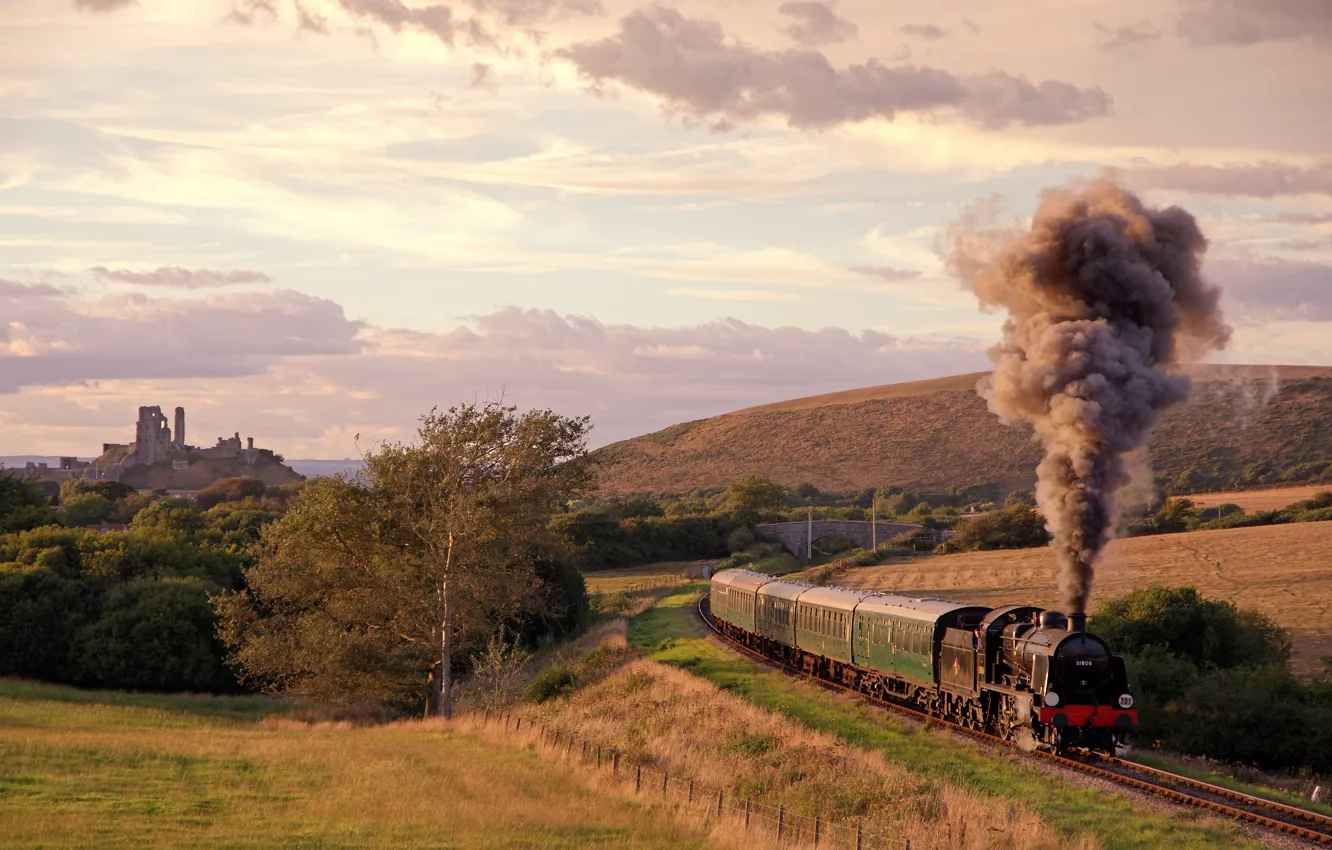 Photo wallpaper the way, smoke, field, train, the engine, cars, railroad, UK