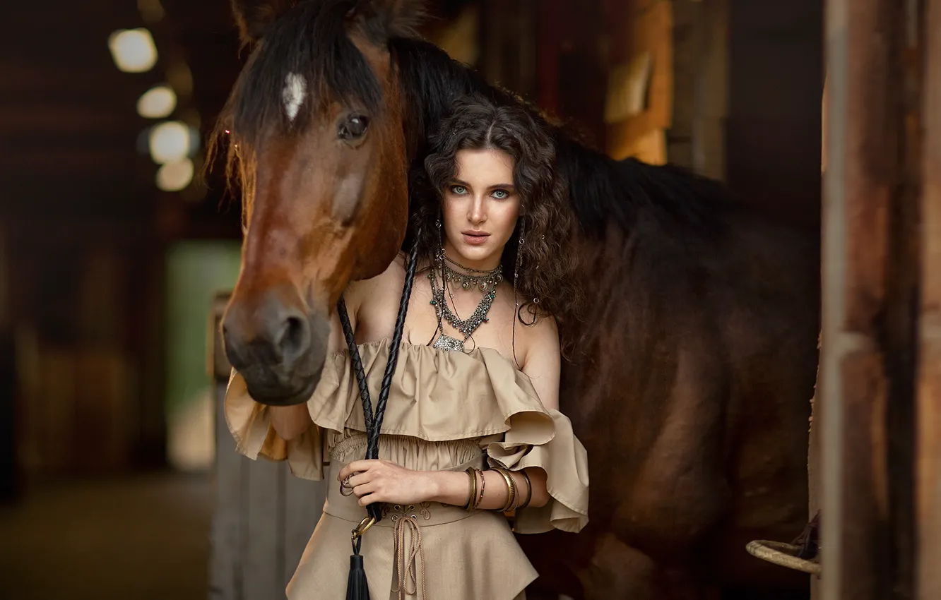 Photo wallpaper look, girl, decoration, animal, horse, horse, makeup, dress
