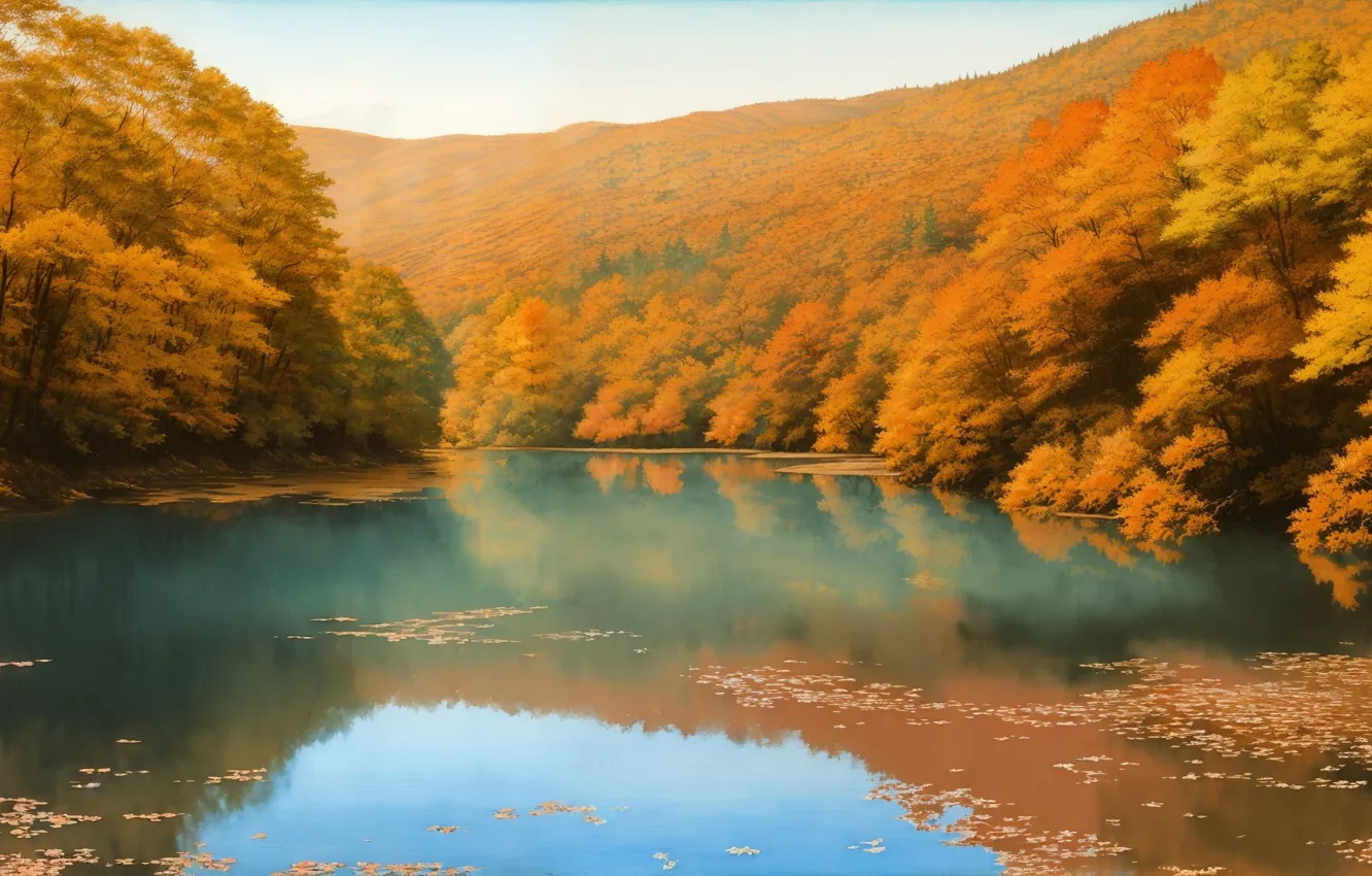 Photo wallpaper trees, nature, water, art, painting, reflection, digital art, sunlight