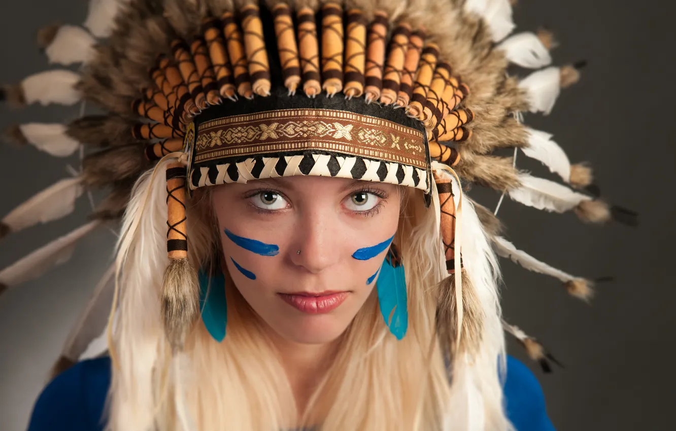 Photo wallpaper eyes, look, girl, face, background, feathers, headdress