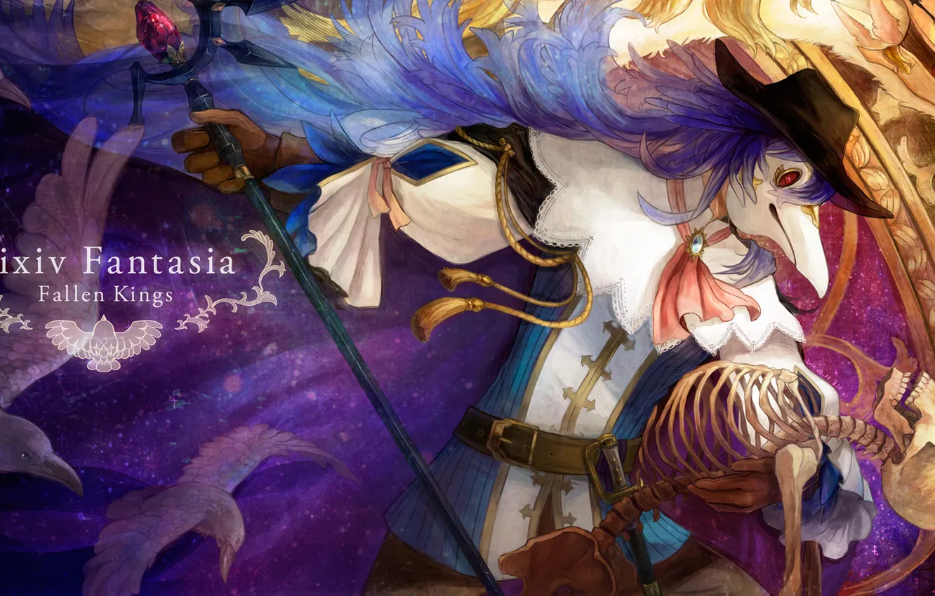 Photo wallpaper bird, hat, mask, skeleton, guy