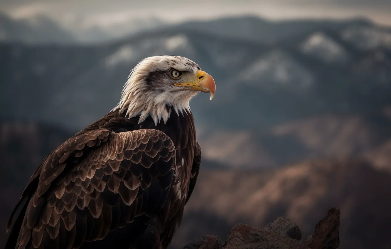 Photo wallpaper Mountains, Look, Bird, Predator, Side, Digital art, Bald eagle, Eagle