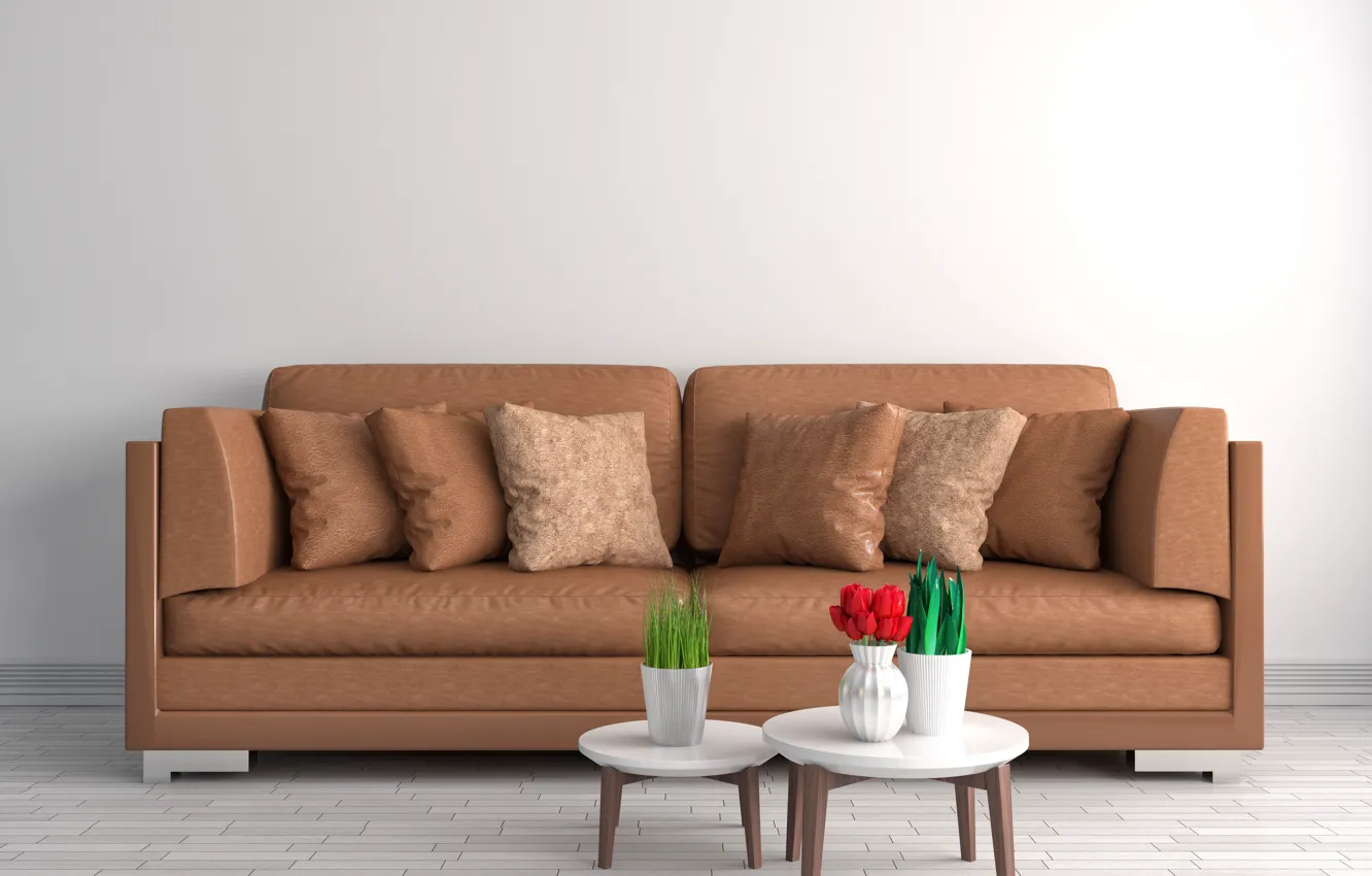 Photo wallpaper flowers, design, sofa, pillow, table, vases