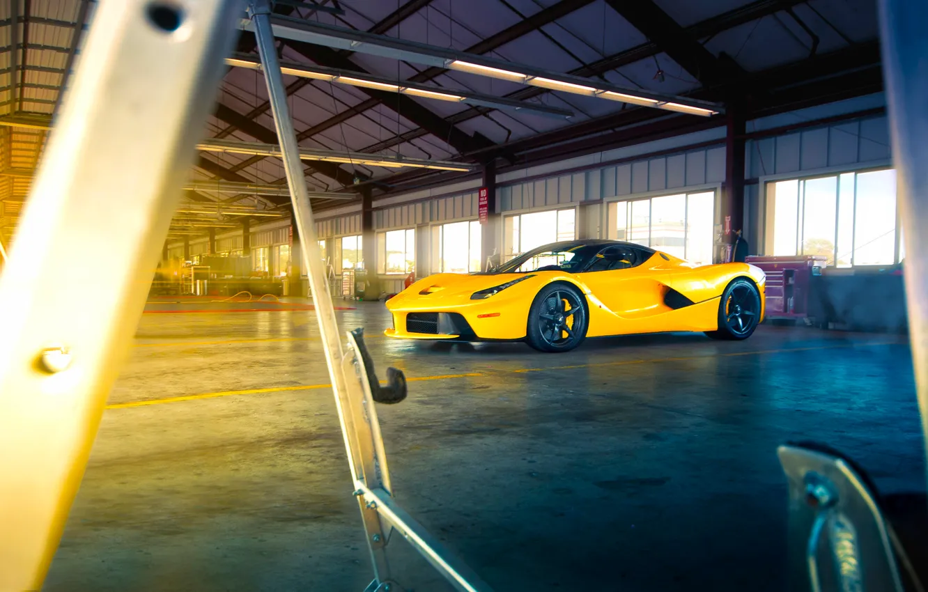 Photo wallpaper Ferrari, Front, Sun, Yellow, Supercar, LaFerrari, Beam, Angar