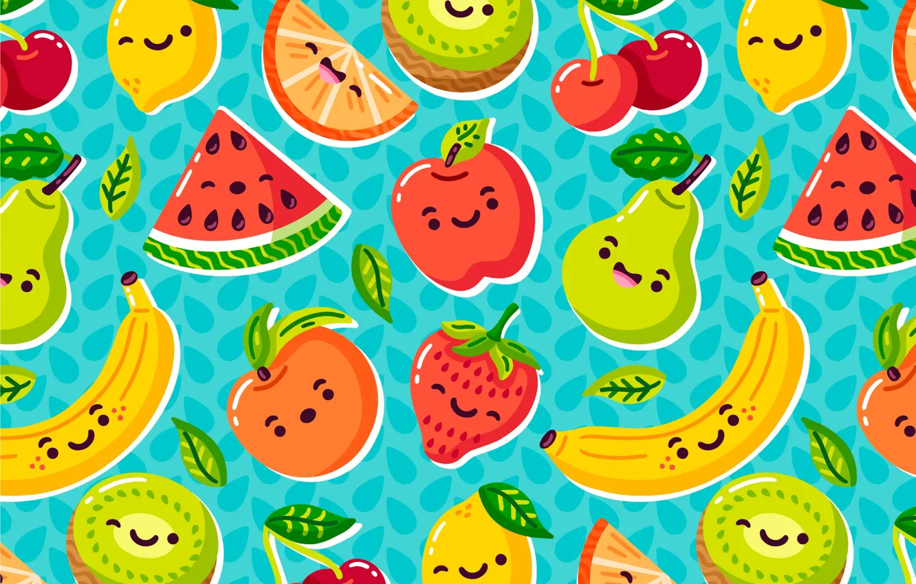 Photo wallpaper leaves, cherry, smile, berries, lemon, apples, texture, watermelon