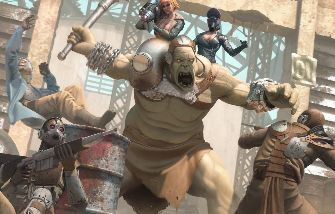 Photo wallpaper girl, fiction, mask, gas mask, giant, battle, Fallout, arena