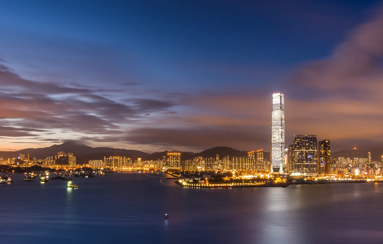 Photo wallpaper the sky, clouds, sunset, lights, China, Hong Kong, skyscrapers, the evening
