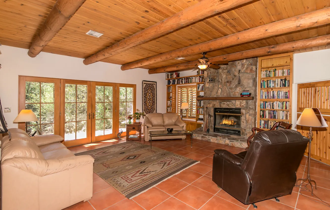 Photo wallpaper interior, fireplace, library, living room