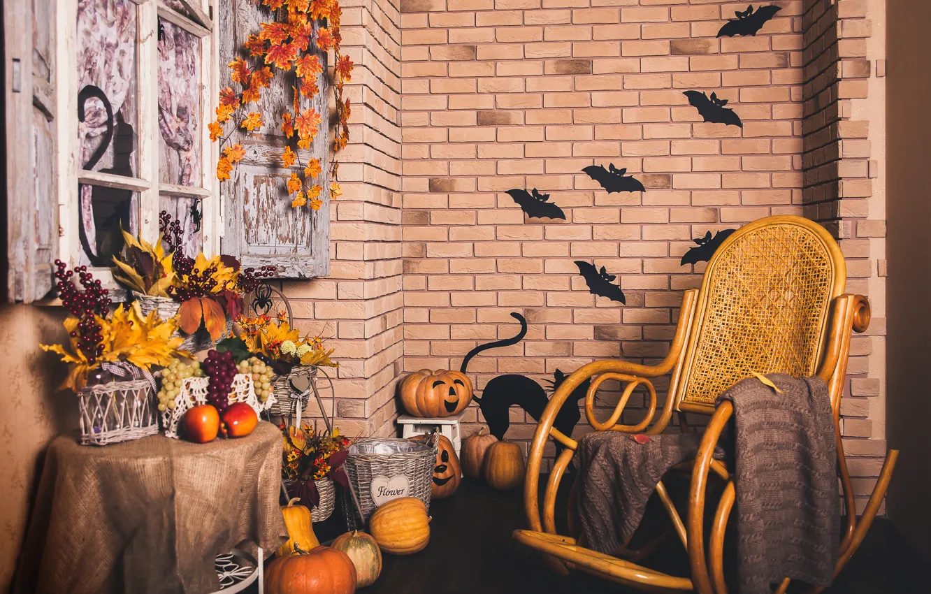 Photo wallpaper autumn, leaves, wall, basket, brick, chair, window, grapes