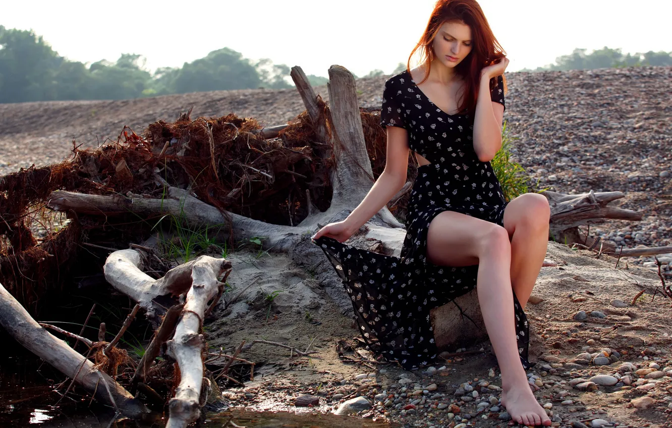 Photo wallpaper girl, trees, face, pebbles, stones, sweetheart, feet, woman