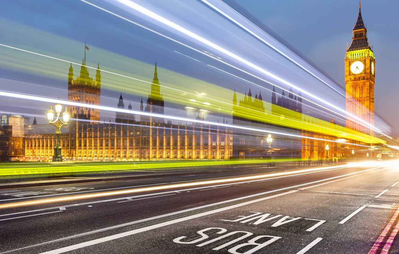 Photo wallpaper night, lights, England, London, tower, track, Parliament