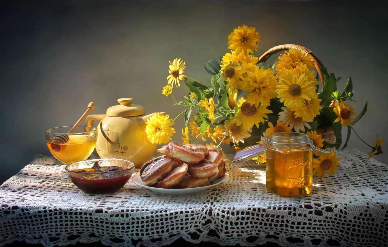Photo wallpaper flowers, yellow, comfort, table, bouquet, kettle, honey, the tea party