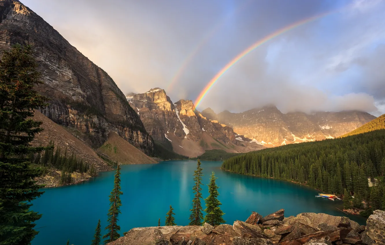 Photo wallpaper forest, mountains, lake, rainbow, Canada, Banff National Park, Alberta, Canada