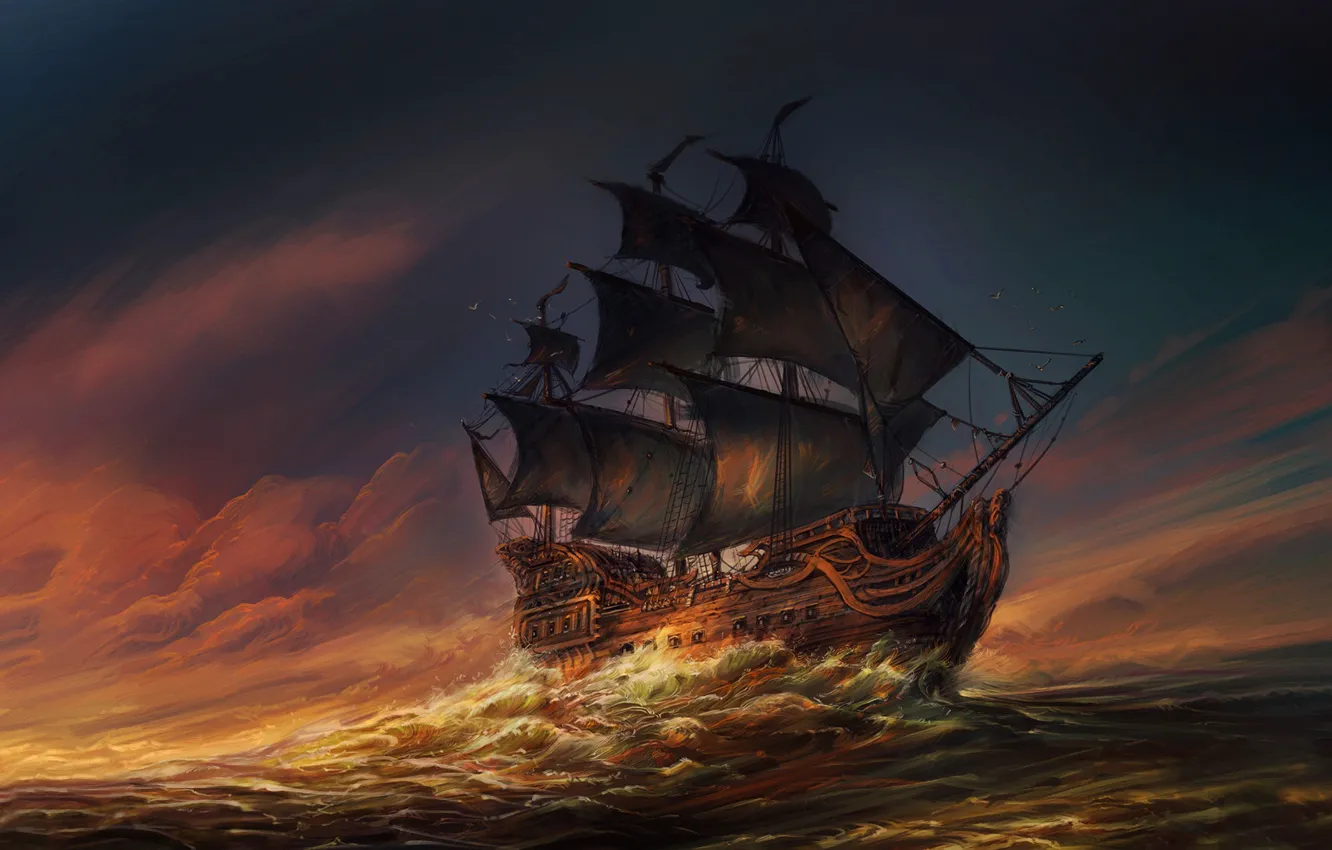 Photo wallpaper sea, wave, the ocean, ship, sail, waves, sea, ocean