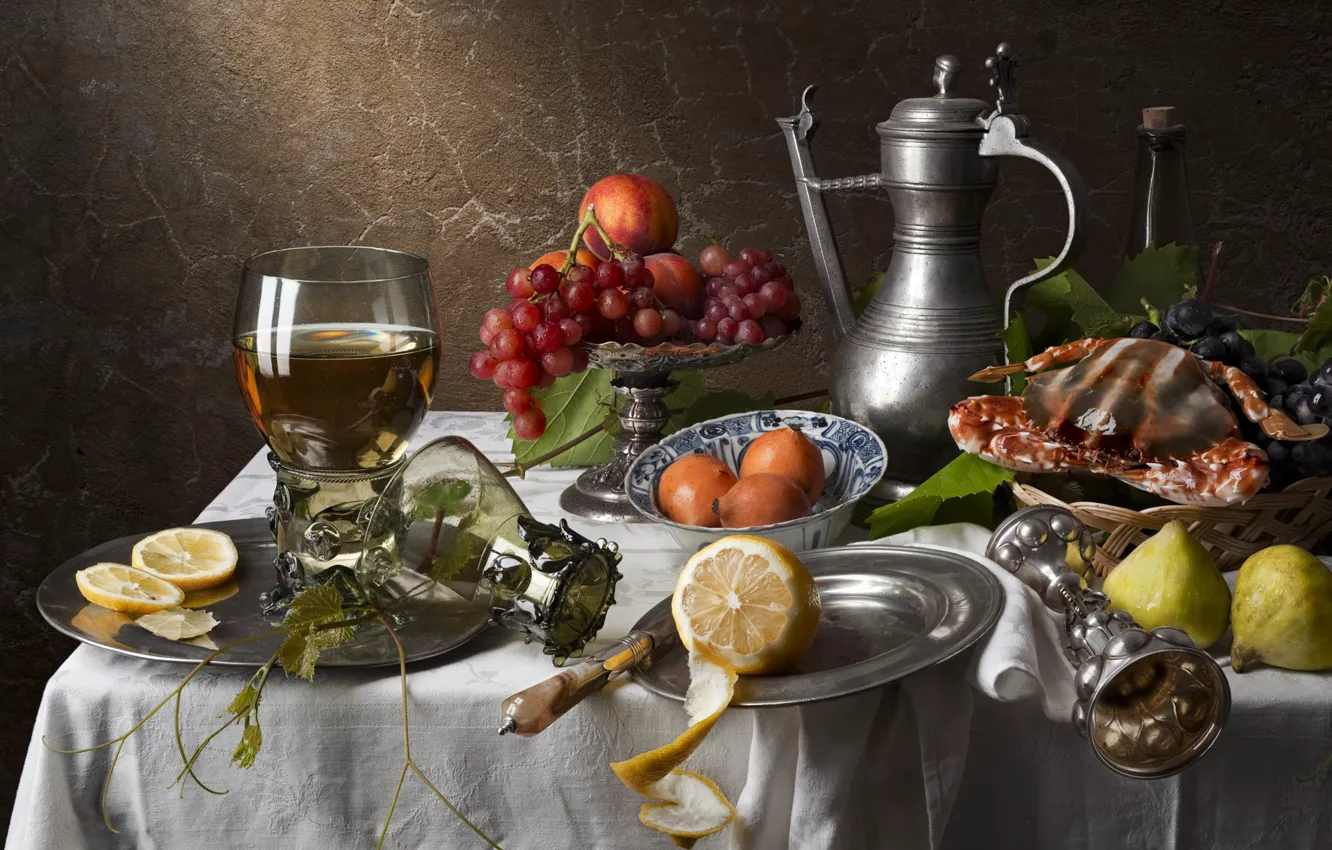 Photo wallpaper wine, lemon, glass, crab, grapes, still life, nectarine, figs