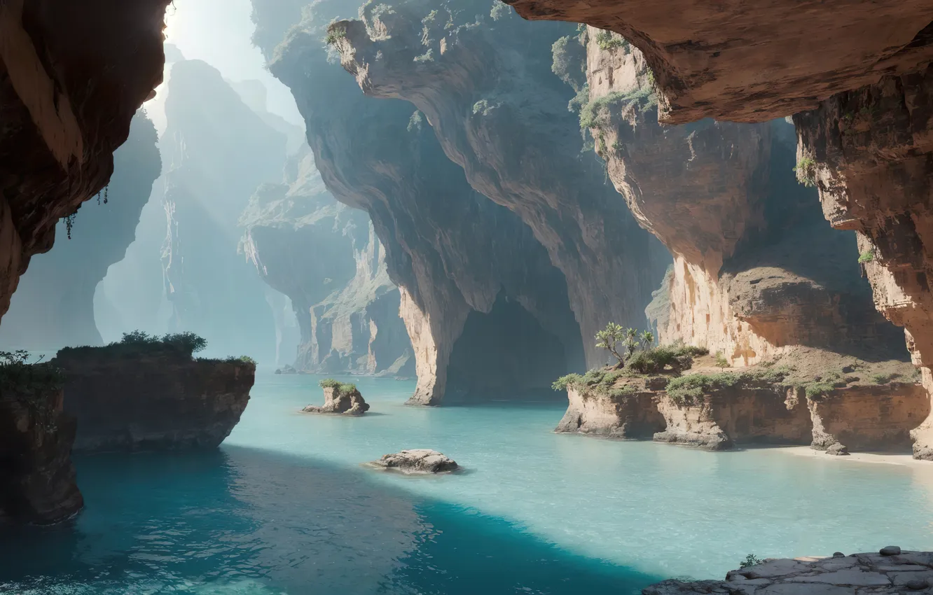 Photo wallpaper landscape, nature, water, art, painting, canyon, digital art, fantasy art