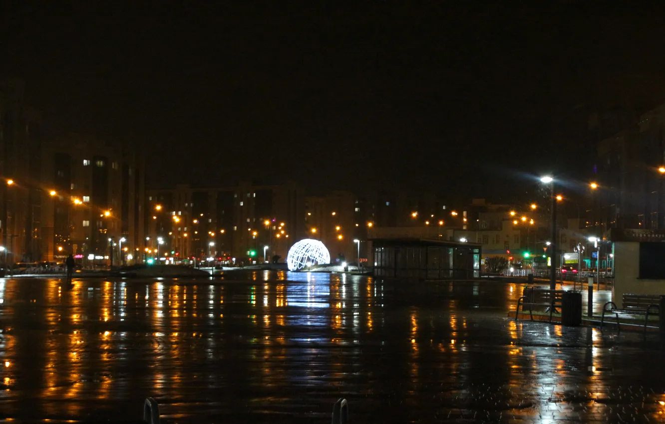 Photo wallpaper the sky, snow, night, building, home, spring, lights, Russia