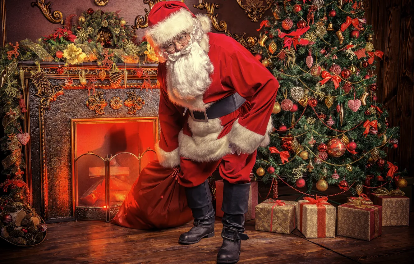 Photo wallpaper pose, tree, Christmas, gifts, New year, fireplace, Santa Claus, bag
