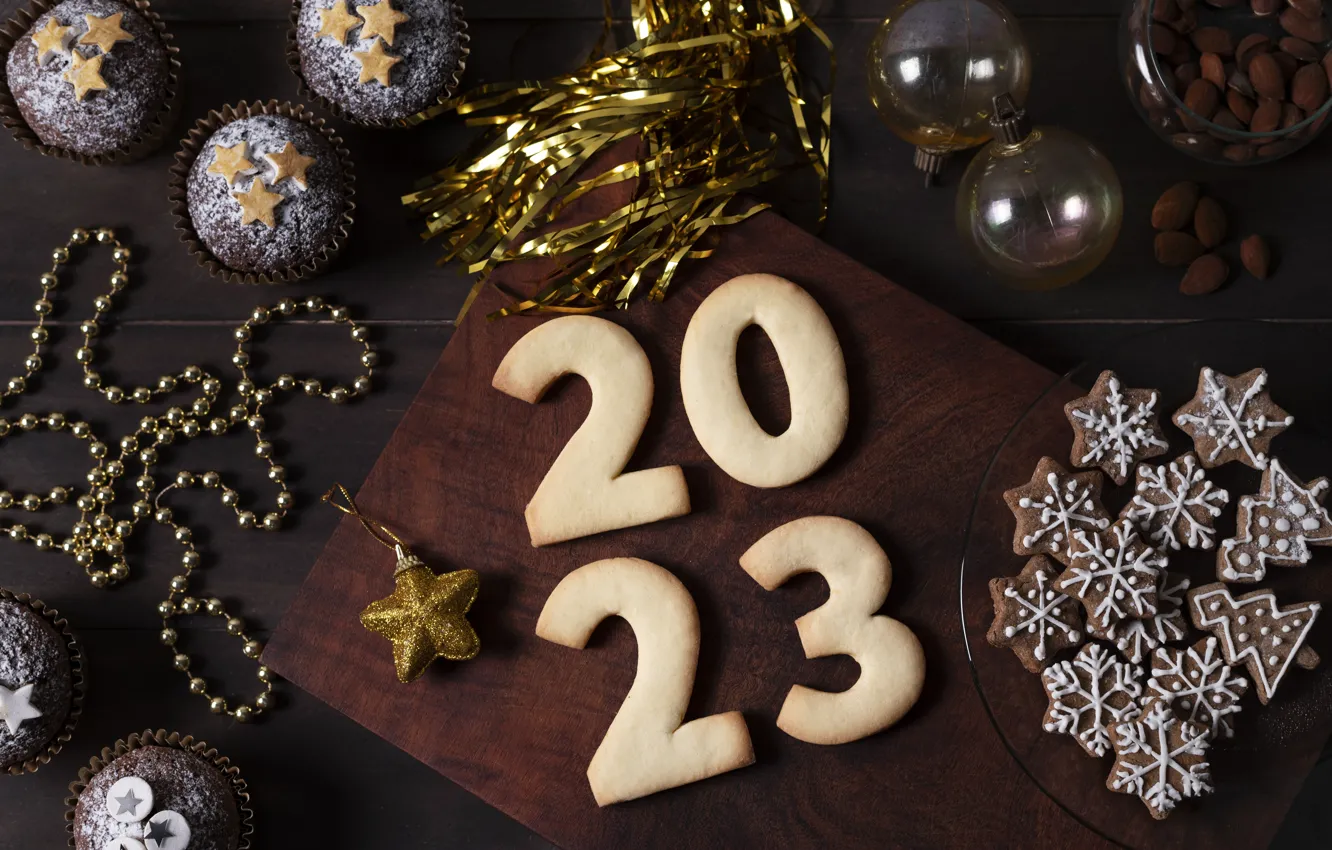 Photo wallpaper stars, balls, holiday, Board, Shine, new year, cookies, figures