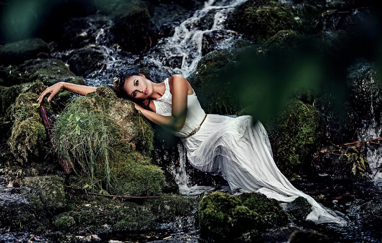 Photo wallpaper look, girl, pose, waterfall, dress, Ruth Chornolutskyy