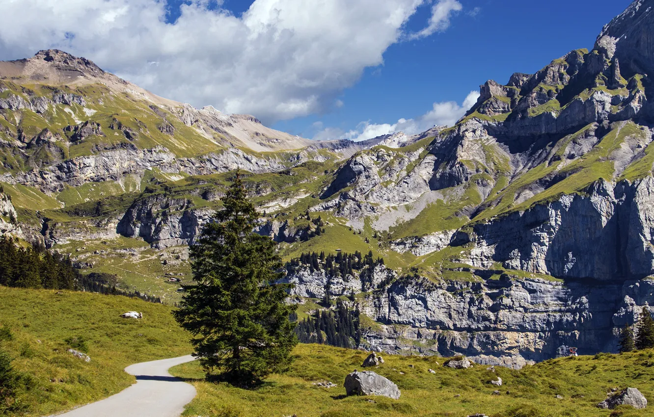 Photo wallpaper road, the sky, clouds, trees, mountains, stones, rocks, Switzerland