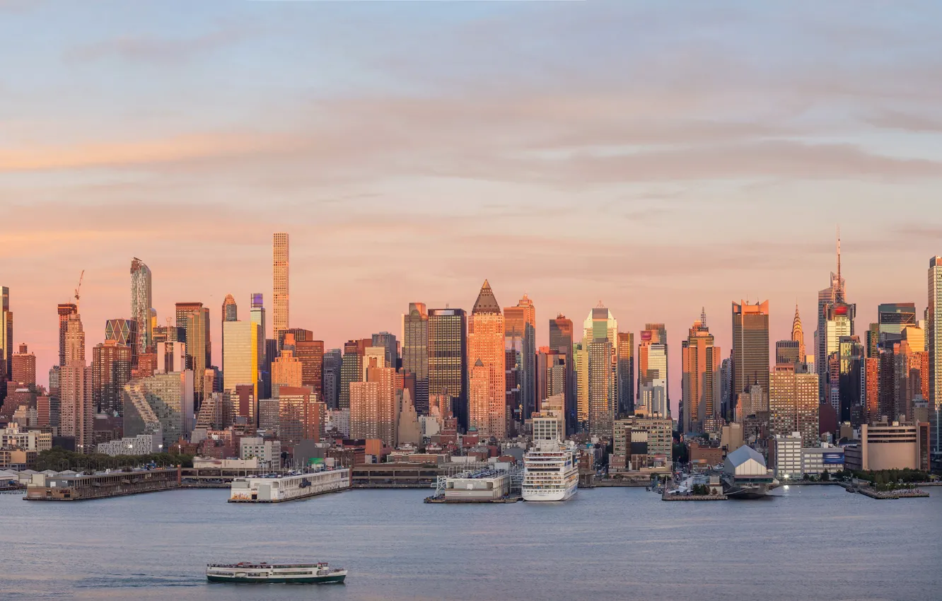Photo wallpaper the sky, the sun, ship, home, New York, skyscrapers, pier, panorama