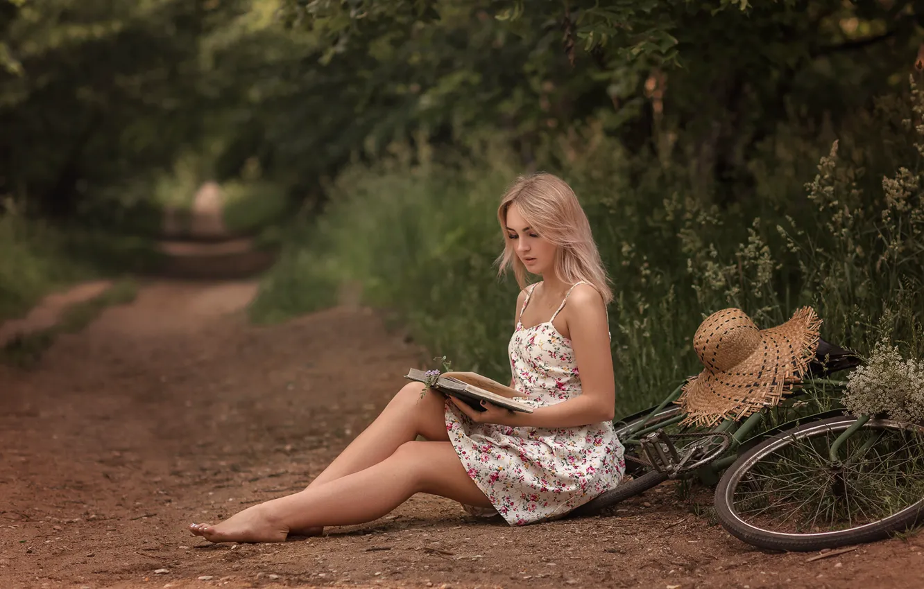 Photo wallpaper summer, grass, girl, nature, bike, hat, barefoot, dress