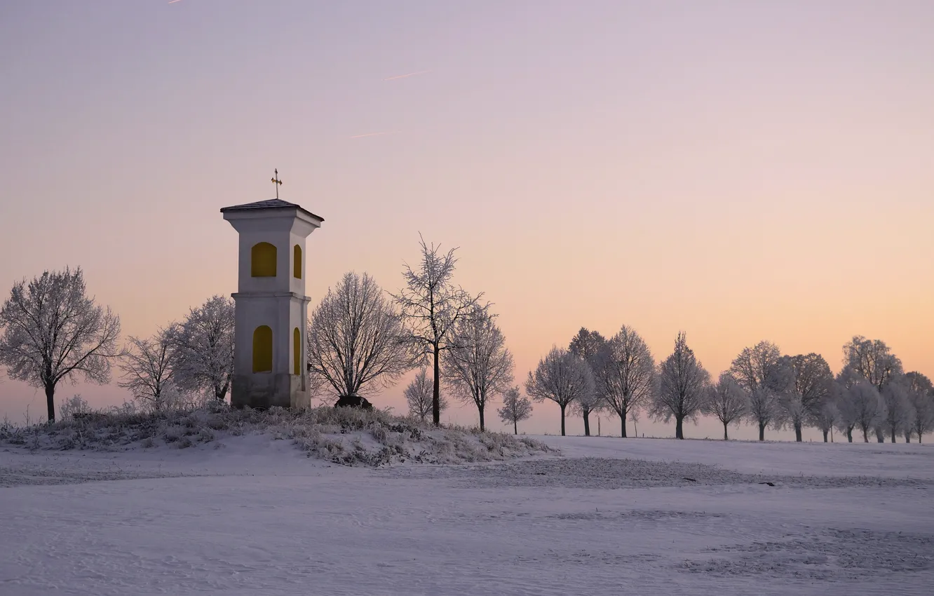 Photo wallpaper winter, sunset, nature, chapel