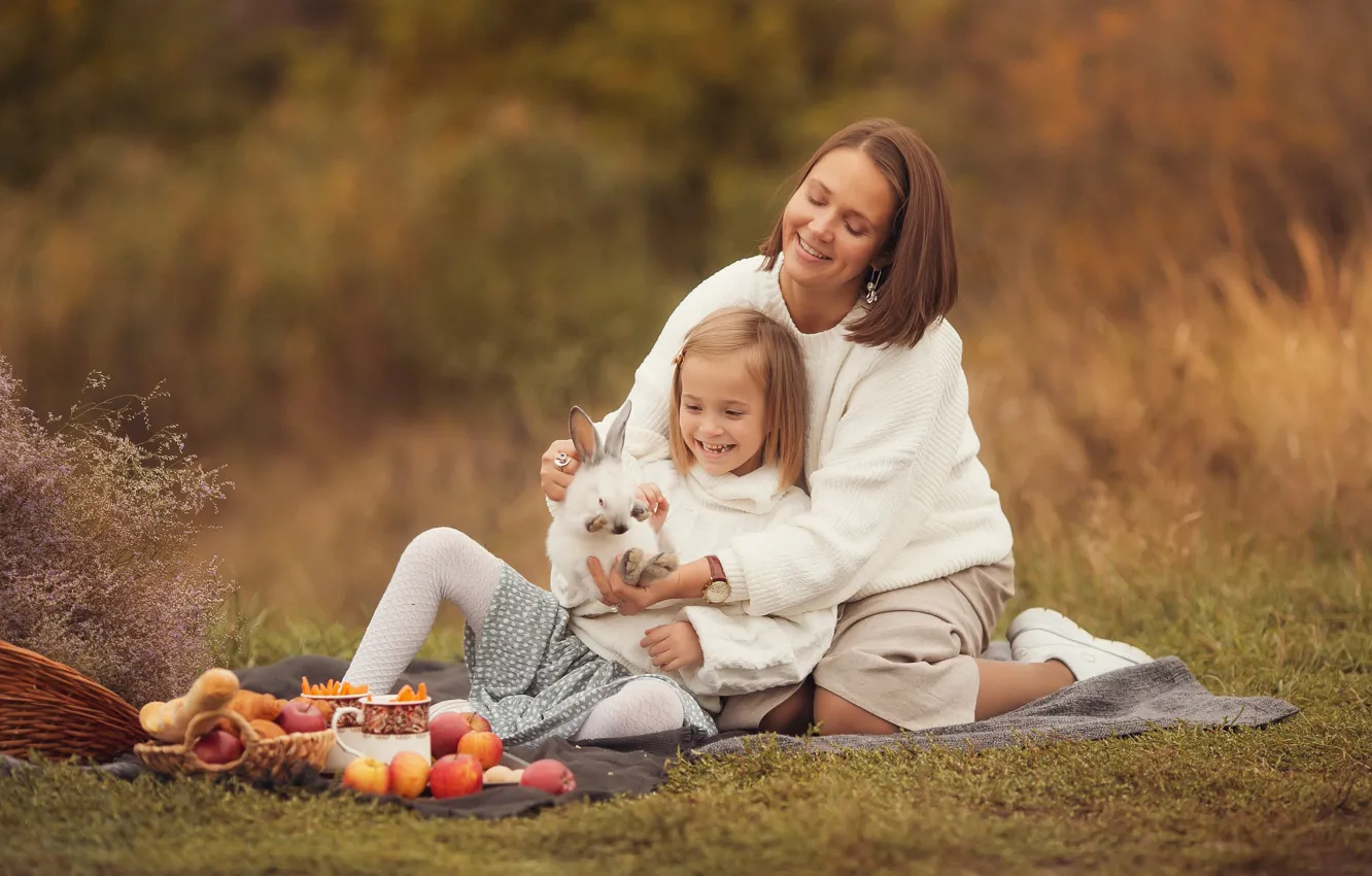 Photo wallpaper field, children, smile, woman, rabbit, girl, picnic