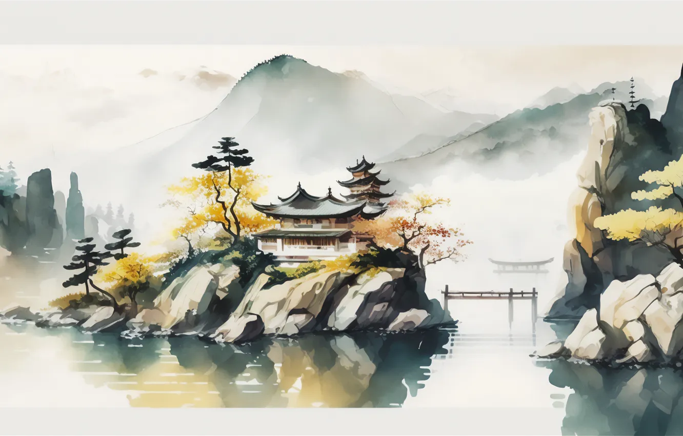 Photo wallpaper China, Japan, Illustration, AI Art, Watercolor style