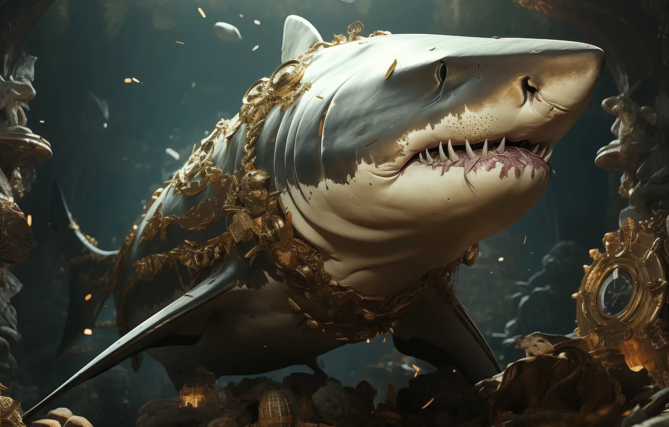 Photo wallpaper predator, shark, underwater world, digital art, AI art, The Art of Artificial Intelligence, neural network