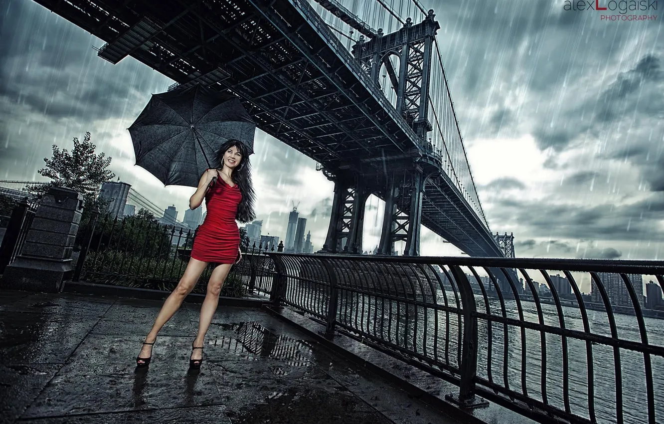 Photo wallpaper bridge, the city, pose, river, rain, model, portrait, umbrella