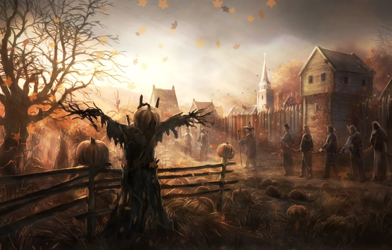Photo wallpaper autumn, leaves, trees, people, the wind, home, art, Church