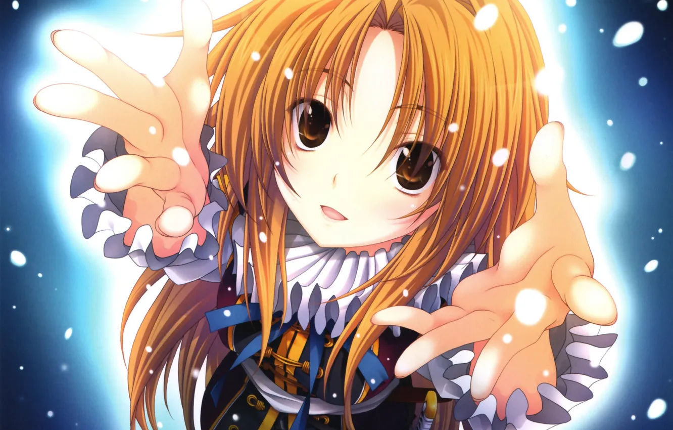 Photo wallpaper girl, snow, snowflakes, weapons, katana, anime, hands, art