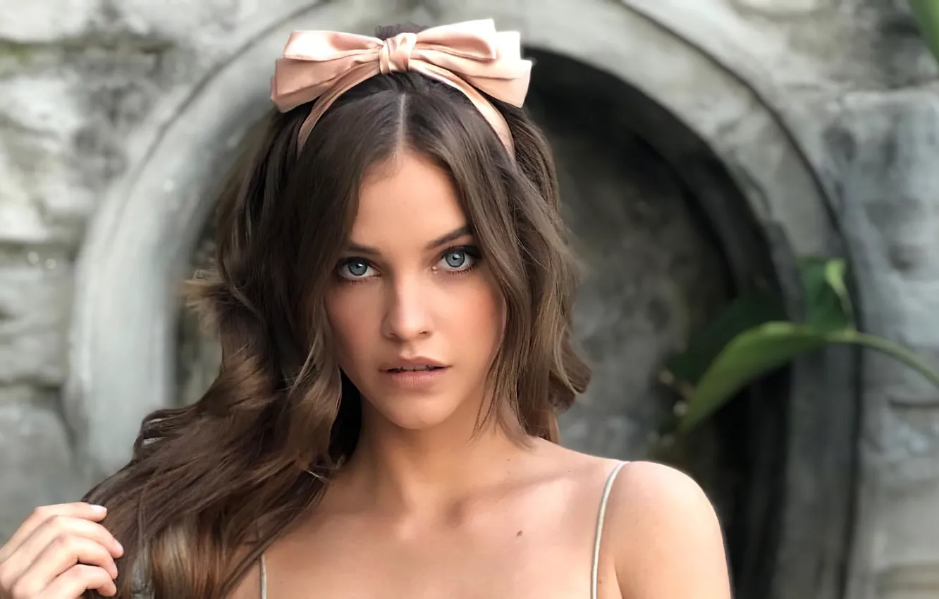 Photo wallpaper look, girl, face, model, hair, brown hair, beauty, bow